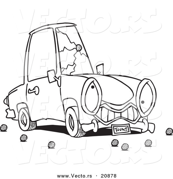 Vector of a Cartoon Car with a Cracked Windshield - Coloring Page Outline