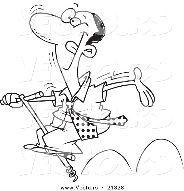 Vector of a Cartoon Carefree Black Businessman Jumping on a Pogo Stick - Outlined Coloring Page