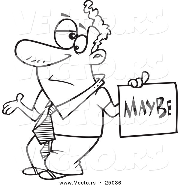 Vector of a Cartoon Careless Man Shrugging and Holding a Maybe Sign - Outlined Coloring Page