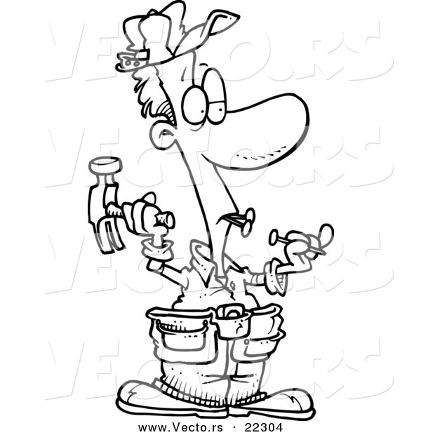 Vector of a Cartoon Carpenter Holding Nails in His Teeth - Coloring Page Outline