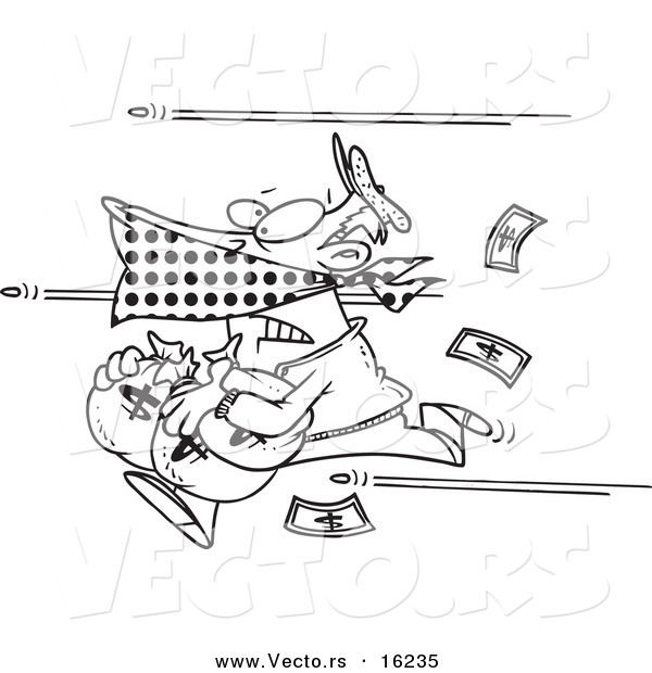 Vector of a Cartoon Cartoon Black and White Outline Design of Bullets Shooting at a Robber - Outlined Coloring Page Drawing