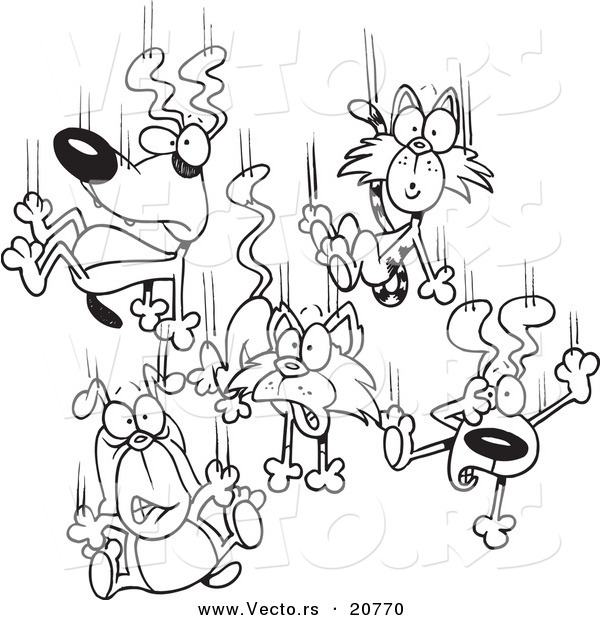 Vector of a Cartoon Cartoon Black and White Outline Design of Cats and Dogs Raining down - Coloring Page Outline