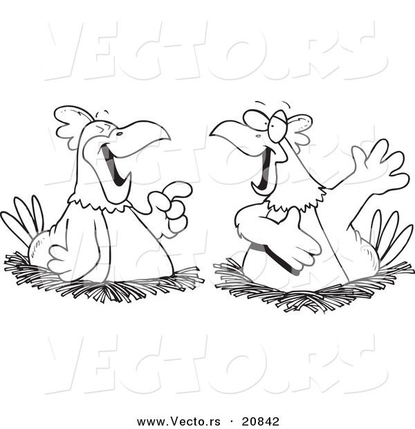 Vector of a Cartoon Cartoon Black and White Outline Design of Chatting Chickens - Coloring Page Outline