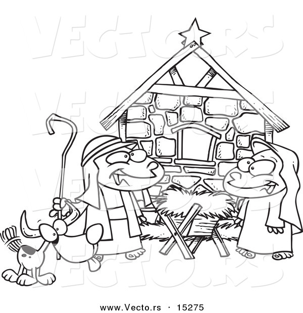 Vector of a Cartoon Cartoon Black and White Outline Design of Children Acting out a Nativity Scene - Coloring Page Outline