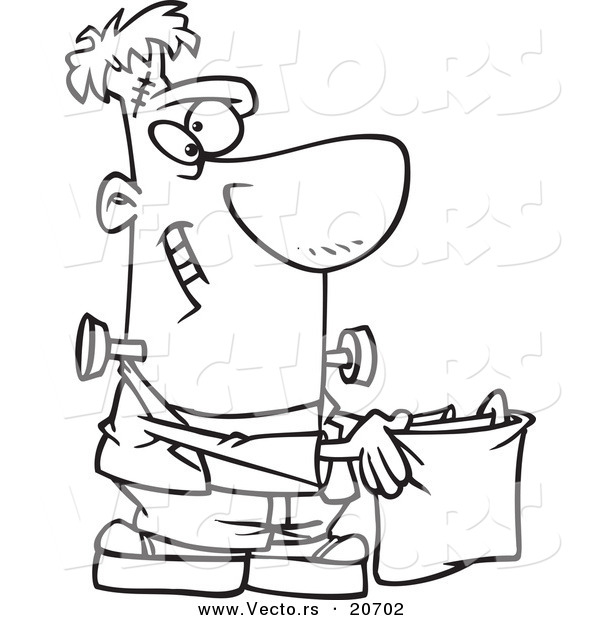 Vector of a Cartoon Cartoon Black and White Outline Design of Frankenstein Holding a Treat Bag - Coloring Page Outline