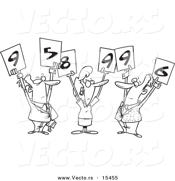 Vector of a Cartoon Cartoon Black and White Outline Design of Judges Holding up Numbers - Coloring Page Outline