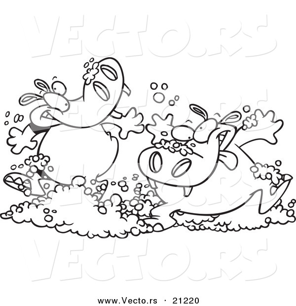 Vector of a Cartoon Cartoon Black and White Outline Design of Party Hippos Playing in Bubbles - Coloring Page Outline