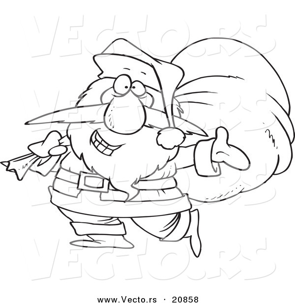 Vector of a Cartoon Cartoon Black and White Outline Design of Santa Happily Carrying a Sack - Coloring Page Outline