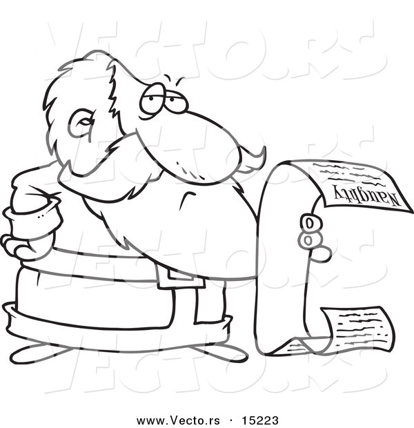 Vector of a Cartoon Cartoon Black and White Outline Design of Santa Reading His Naughty List - Coloring Page Outline