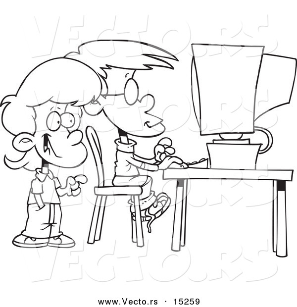 Vector of a Cartoon Cartoon Black and White Outline Design of School Children Using a Computer - Coloring Page Outline