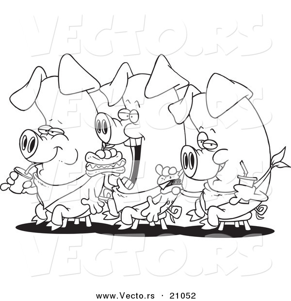 Vector of a Cartoon Cartoon Black and White Outline Design of Three Eating Pigs - Coloring Page Outline