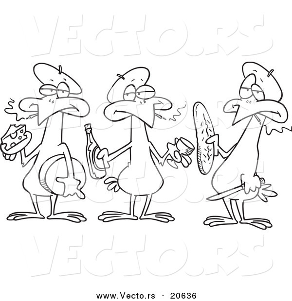 Vector of a Cartoon Cartoon Black and White Outline Design of Three French Hens - Coloring Page Outline