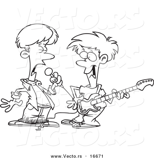 Vector of a Cartoon Cartoon Black and White Outline Design of Two Boys Singing and Playing a Guitar in a Band - Outlined Coloring Page Drawing