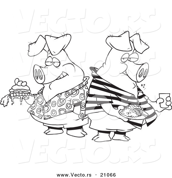 Vector of a Cartoon Cartoon Black and White Outline Design of Two Hogs Pigging out - Coloring Page Outline