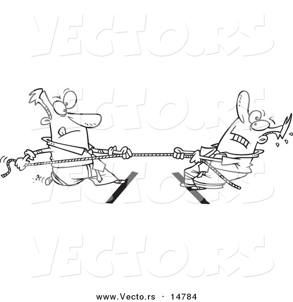 Vector of a Cartoon Cartoon Black and White Outline Design of Two Men Engaged in Tug of War - Coloring Page Outline