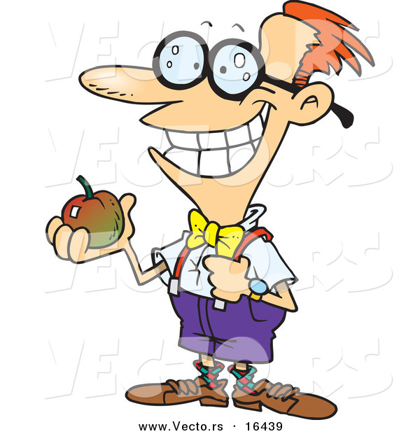 Vector of a Cartoon Cartoon Nerdy School Boy Holding an Apple - Outlined Coloring Page Drawing