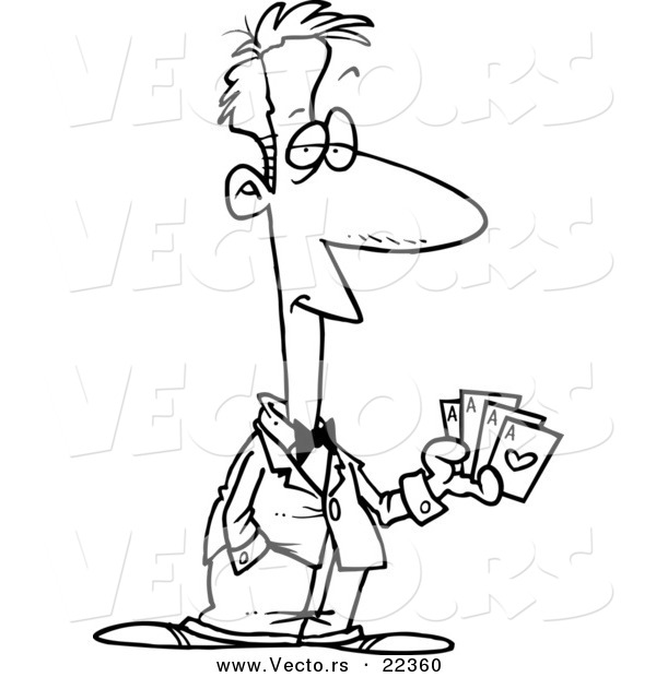 Vector of a Cartoon Casino Man Holding Playing Cards - Coloring Page Outline
