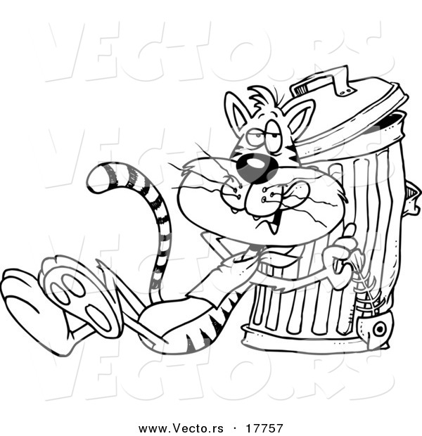 Vector of a Cartoon Cat Eating a Luxurious Fish Bone from the Garbage - Outlined Coloring Page