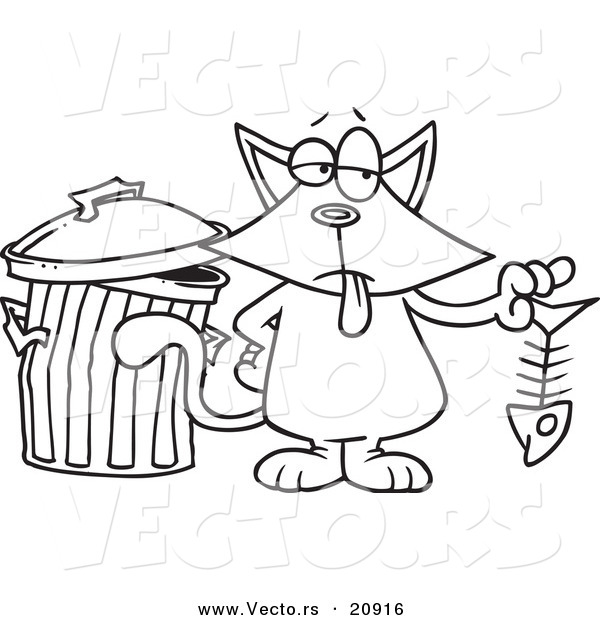 Vector of a Cartoon Cat Holding a Fish Bone - Coloring Page Outline