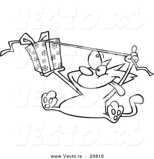 Vector of a Cartoon Cat Opening a Christmas Gift - Coloring Page Outline