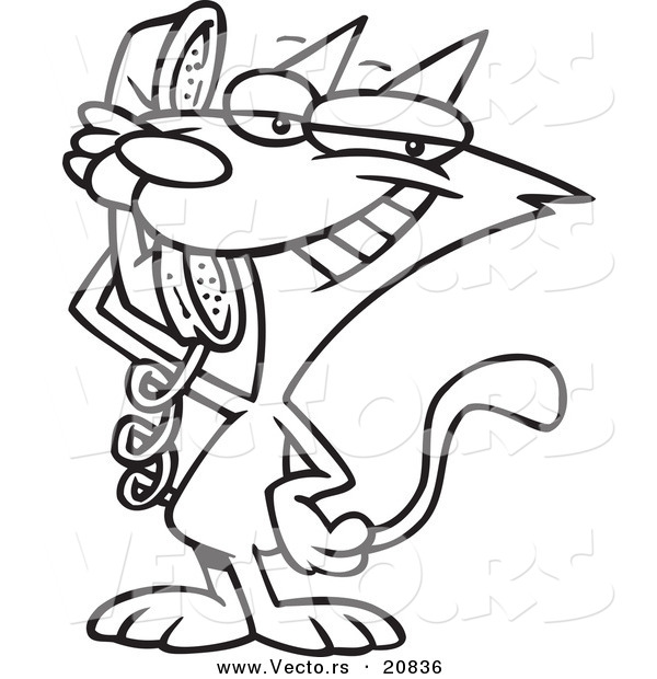 Vector of a Cartoon Cat Talking on a Phone - Coloring Page Outline