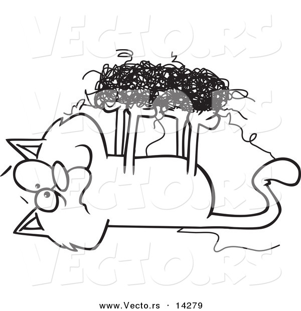 Vector of a Cartoon Cat Tangled in String - Coloring Page Outline