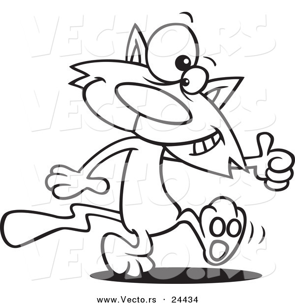 Vector of a Cartoon Cat Walking Upright and Holding a Thumb up - Outlined Coloring Page