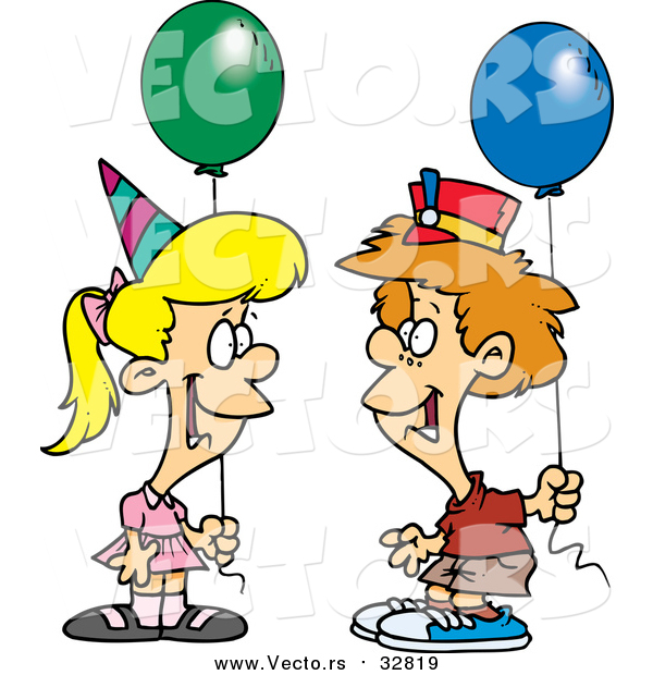 Vector of a Cartoon Caucasian Birthday Boy and Girl with Balloons