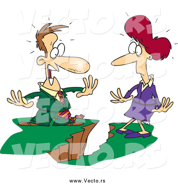 Vector of a Cartoon Caucasian Business Man and Woman Being Divided by a Chasm