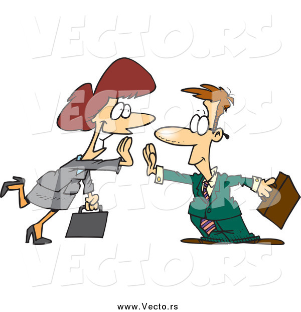 Vector of a Cartoon Caucasian Businessman and Woman Giving High Fives