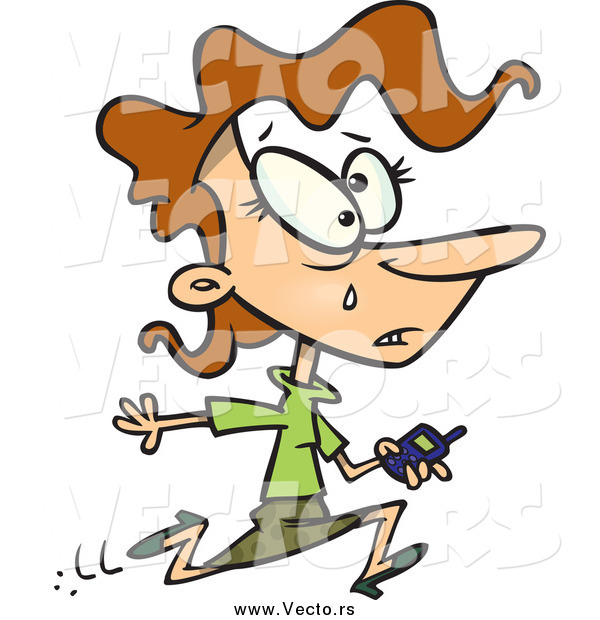 Vector of a Cartoon Caucasian Businesswoman Running to Get Bars on Her Phone