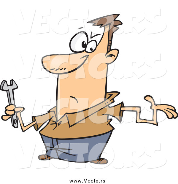 Vector of a Cartoon Caucasian Clueless Repair Man with a Crooked Arm