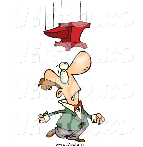 Vector of a Cartoon Caucasian Man Looking up at a Falling Anvil