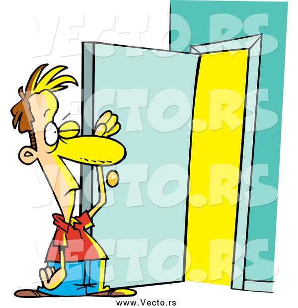 Vector of a Cartoon Caucasian Man Standing at an Open Door with Bright Light