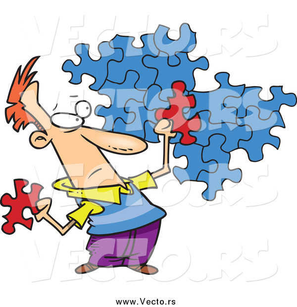 Vector of a Cartoon Caucasian Man Trying to Assemble a Puzzle