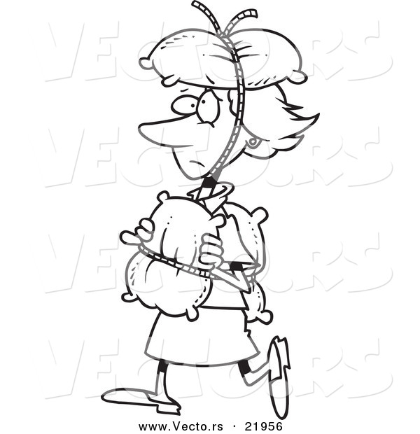 Vector of a Cartoon Cautious Woman Covered in Pillows - Outlined Coloring Page