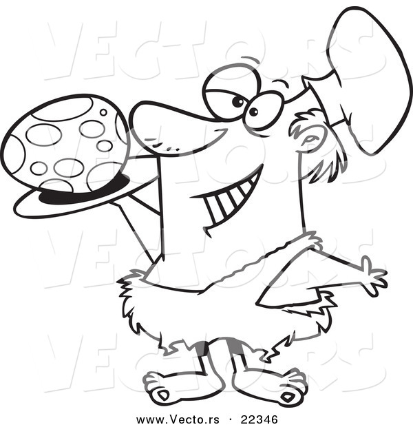Vector of a Cartoon Caveman Chef Serving an Egg - Coloring Page Outline