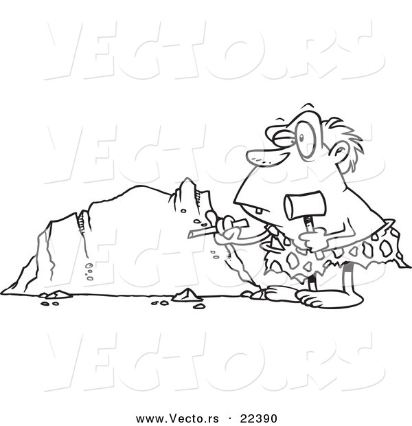 Vector of a Cartoon Caveman Chiseling a Boulder - Coloring Page Outline