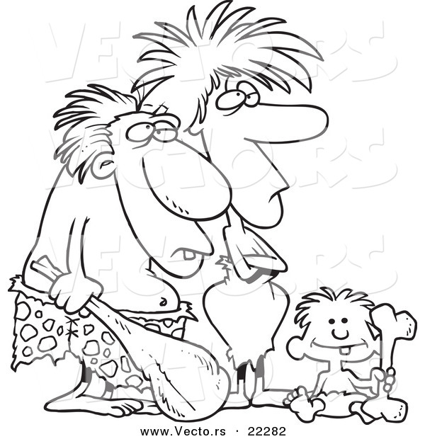 Vector of a Cartoon Caveman Dad, Mom and Son - Coloring Page Outline