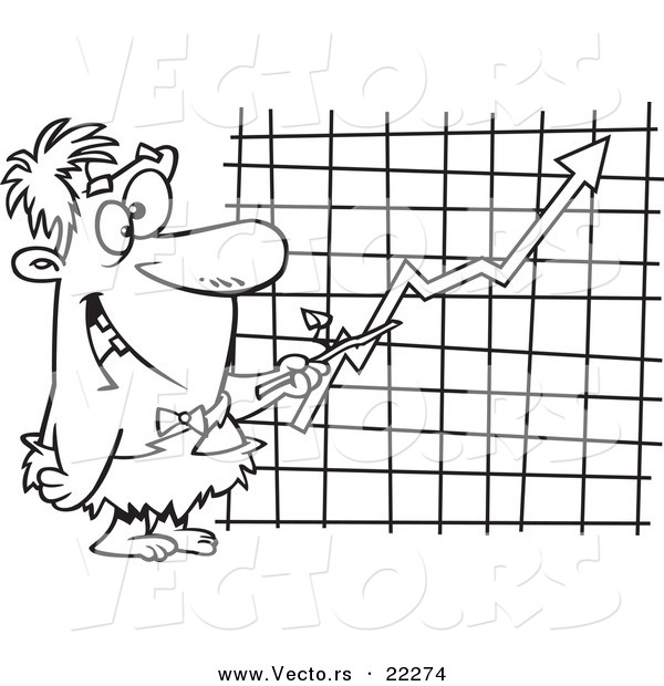 Vector of a Cartoon Caveman Executive Pointing to a Chart - Coloring Page Outline