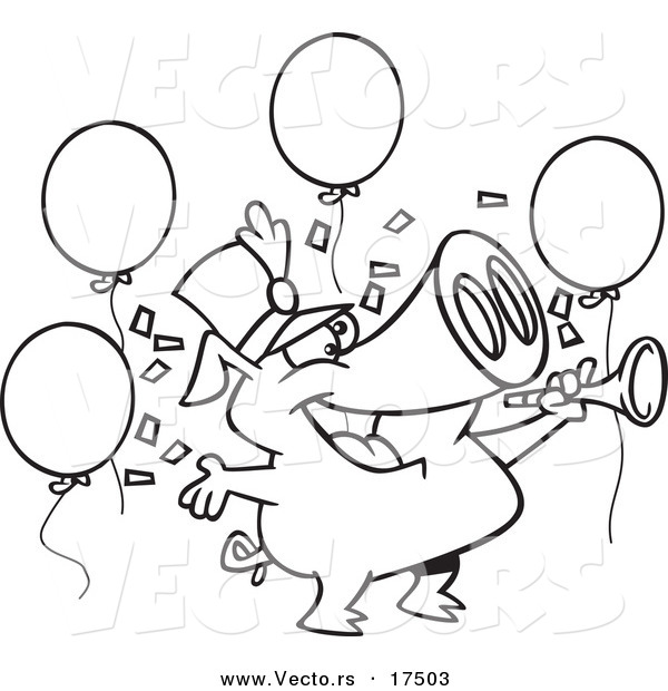 Vector of a Cartoon Celebrating New Year Pig - Coloring Page Outline