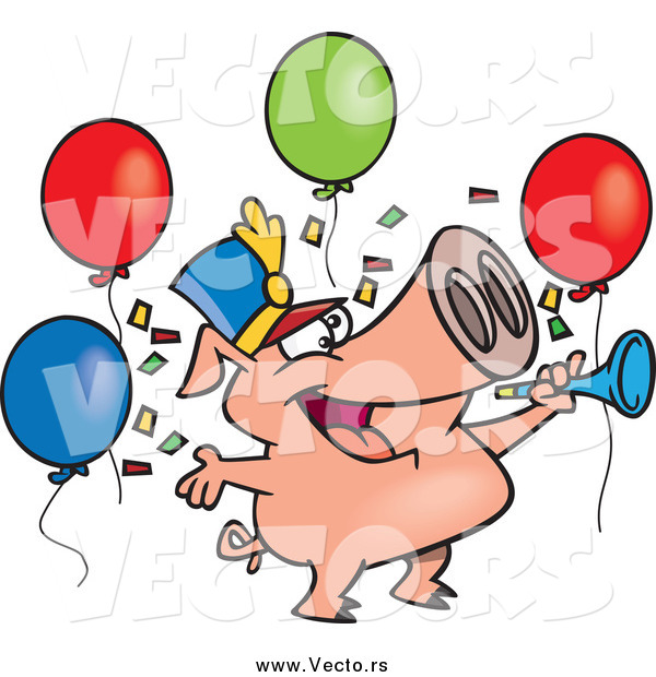 Vector of a Cartoon Celebrating New Year Pig with Balloons and a Horn