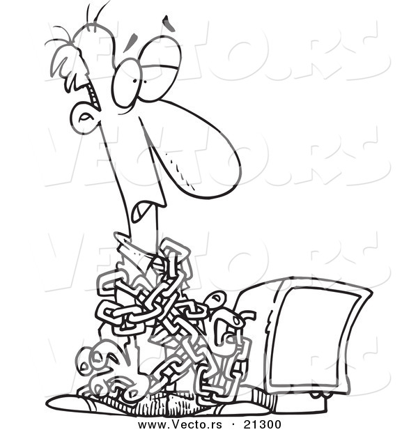 Vector of a Cartoon Chained Businessman by a Computer - Outlined Coloring Page