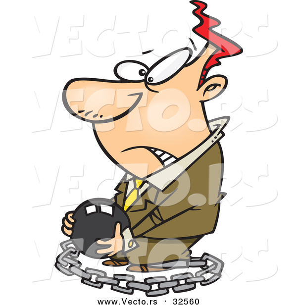 Vector of a Cartoon Chained White Businessman Carrying a Ball