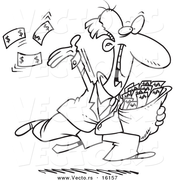 Vector of a Cartoon Charitable Rich Businessman Throwing Money - Outlined Coloring Page Drawing