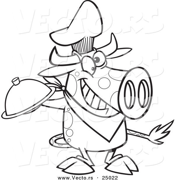 Vector of a Cartoon Chef Cow Holding a Cloche Platter - Outlined Coloring Page