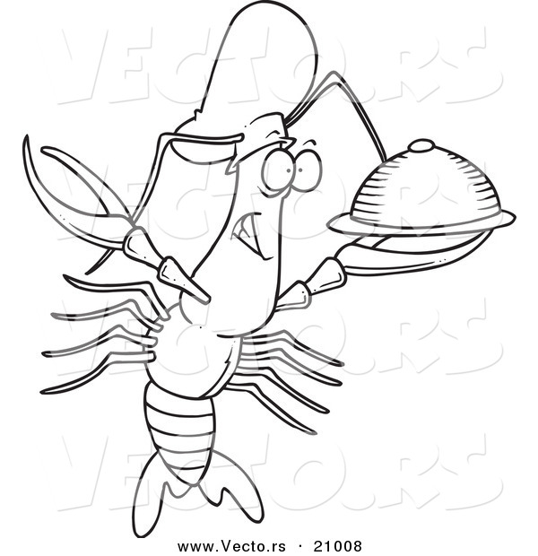 Vector of a Cartoon Chef Crawdad Holding a Platter - Coloring Page Outline
