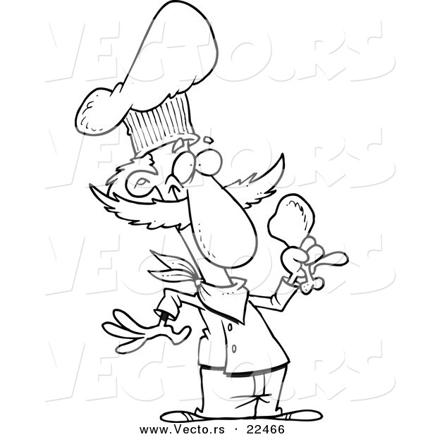 Vector of a Cartoon Chef Holding a Chicken Drumstick - Coloring Page Outline