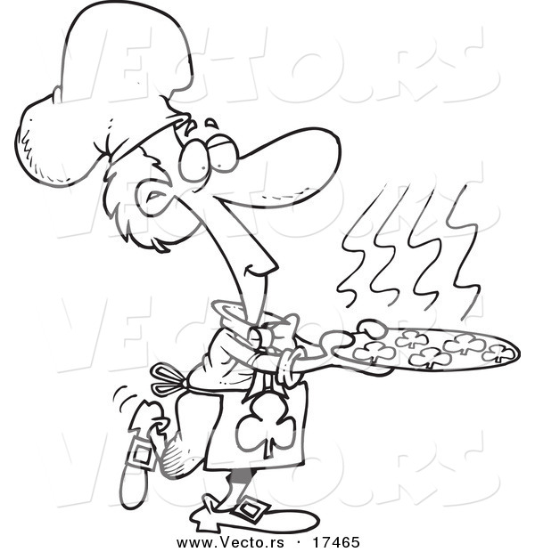 Vector of a Cartoon Chef Leprechaun Serving Shamrock Cookies - Coloring Page Outline