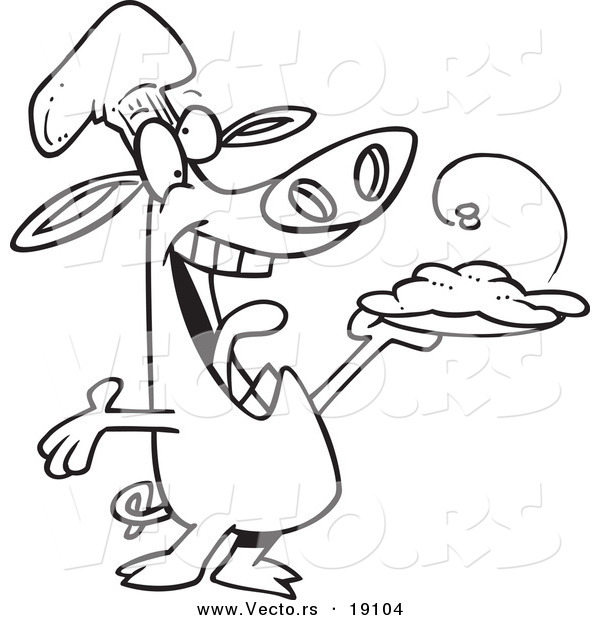 Vector of a Cartoon Chef Pig Holding up His Masterpiece - Outlined Coloring Page
